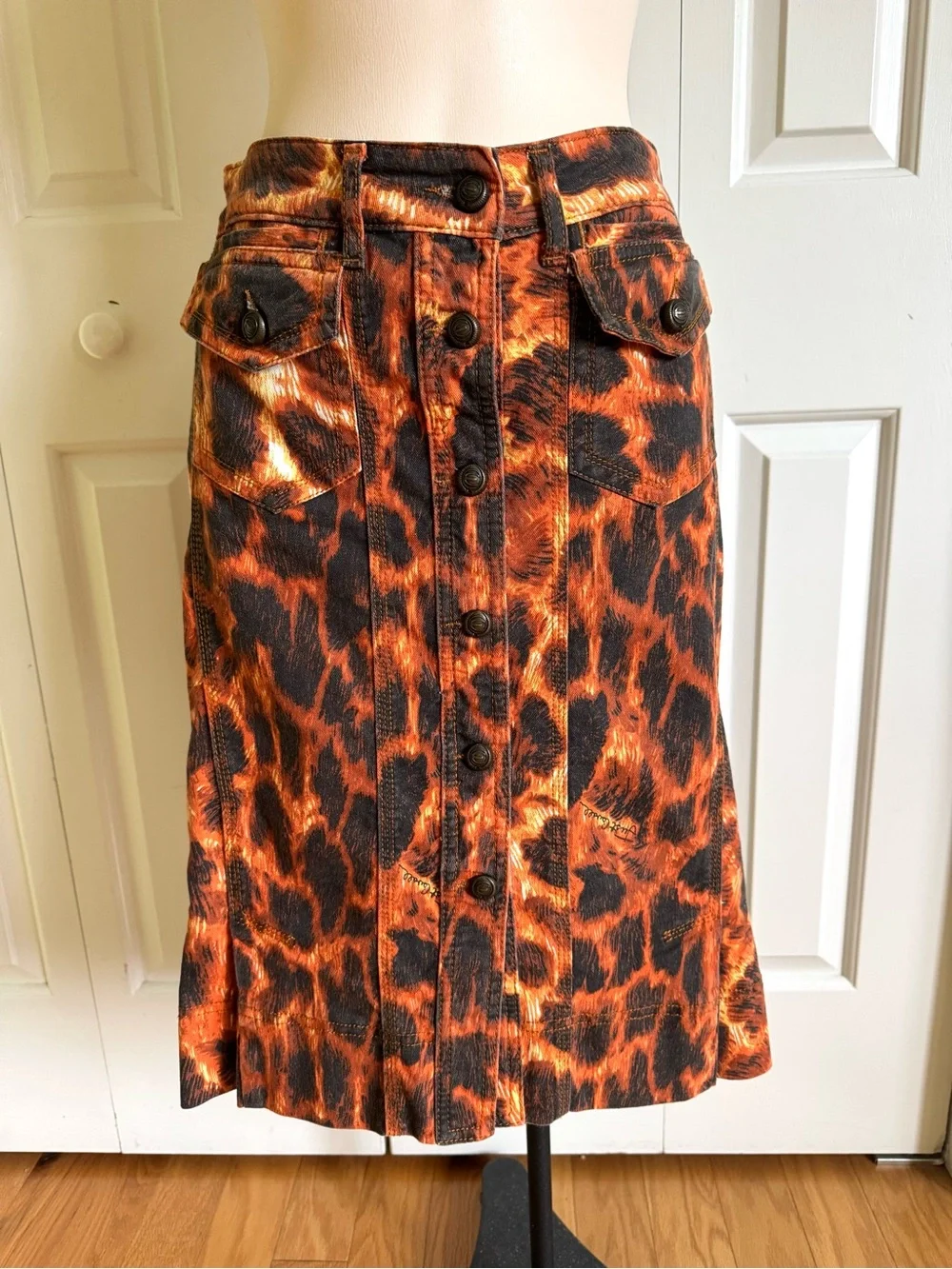 JUST CAVALLI Orange Leopard Denim Button-Front Skirt 8/44 EUC - Picture 1 of 11